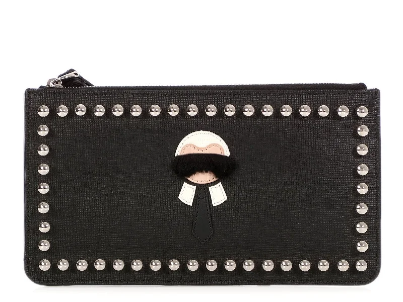 Fendi crossbody bags with a woven leather strap for a unique texture and visual appealFendi Black Studded Karlito Wristlet