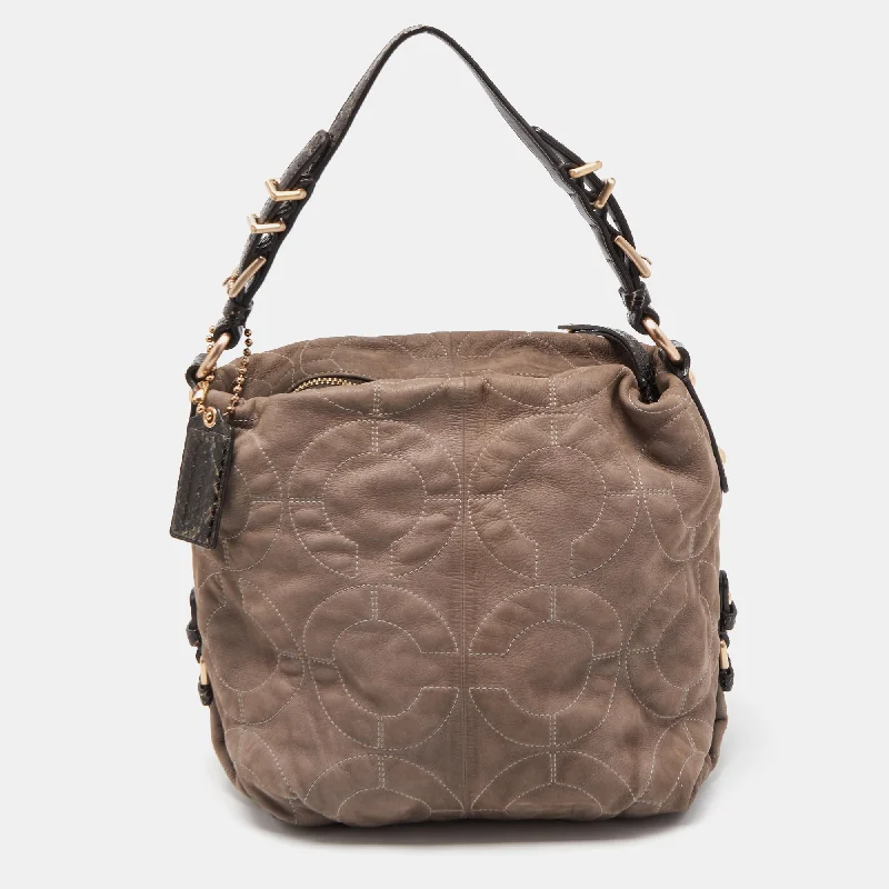 Coach bags with a front - zip pocket for small items like keys and cardsGrey/Dark Brown Op Art Signature Nubuck Leather Zip Hobo