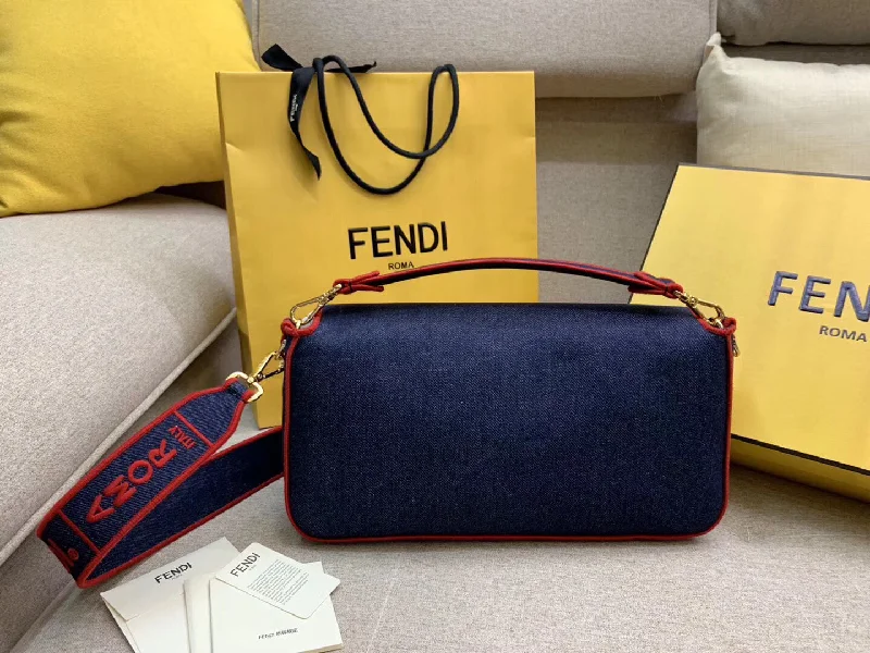 Fendi tote bags with a reinforced bottom for increased durabilityFendi Large Baguette Bag In Blue Denim With Red Trim