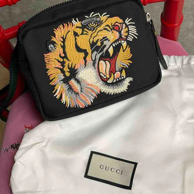 Women Gucci bags with a front - zip pocket for small itemsGucci Tiger Head Embroidered Animal Sling Crossbody Bag, Black Canvas