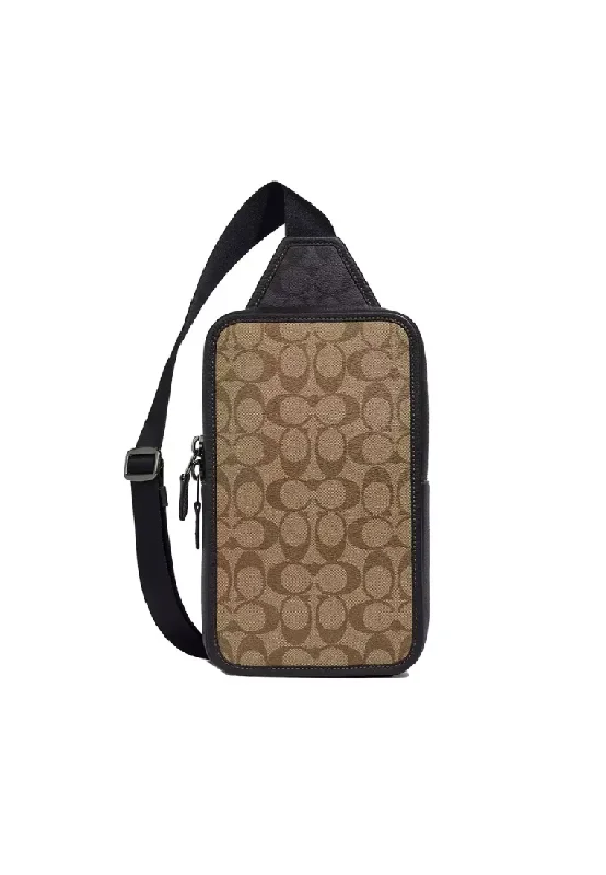 Coach Rogue bags featuring the signature C - hardware for a branded lookCoach Sullivan C9865 Pack With Blocked Signature Canvas In Khaki Charcoal