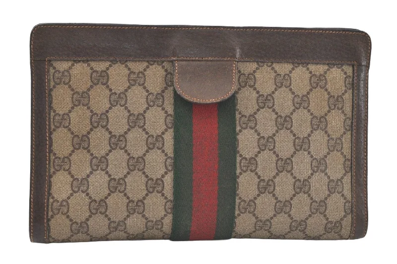 Women Gucci Sylvie bags with a crystal - embellished web stripeAuthentic GUCCI Web Sherry Line Clutch Hand Bag GG PVC Leather Brown Junk 6571K