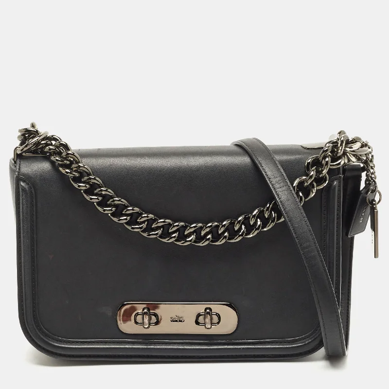 Coach handbags with a perforated leather detail for a breathable and unique designBlack Leather Swagger Flap Crossbody Bag