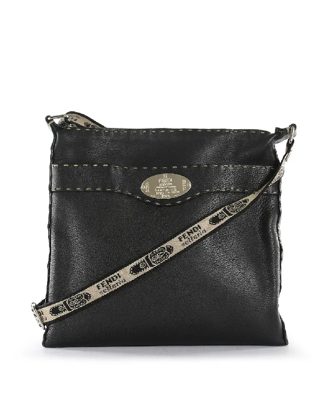 Fendi crossbody bags with a keychain holder for practicality and easy access to keysFENDI Black Pebbled Leather With Canvas Strap Medium Crossbody Bag