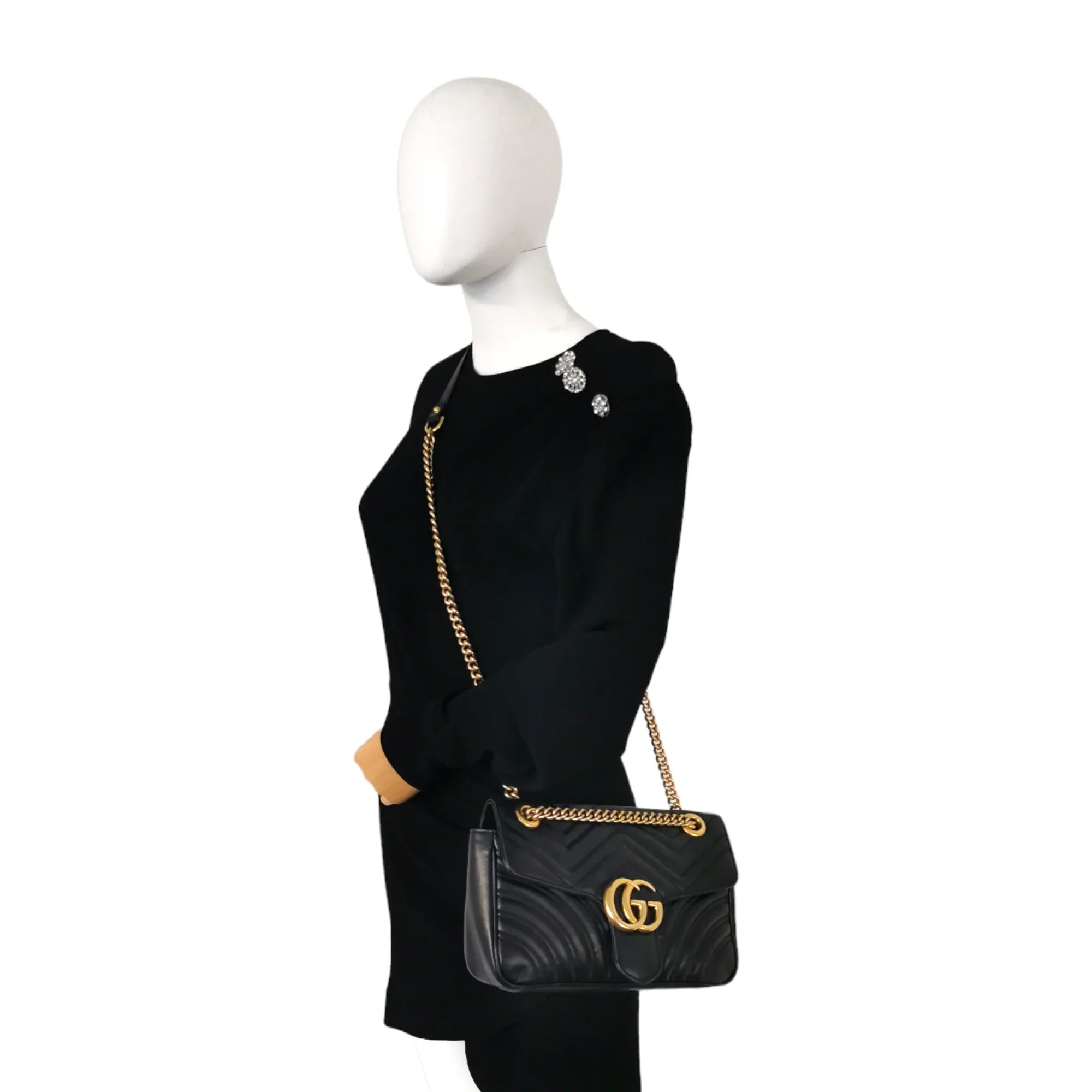 Women Gucci Sylvie bags with a monogram - embossed leatherGucci GG Marmont Small Black Matelassé Leather