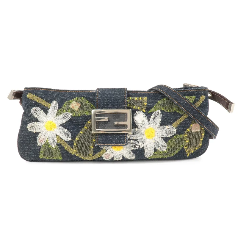 Fendi crossbody bags with a detachable fanny pack strap for a trendy and practical optionFENDI Denim Leather Shoulder Bag Flower Blue 26685