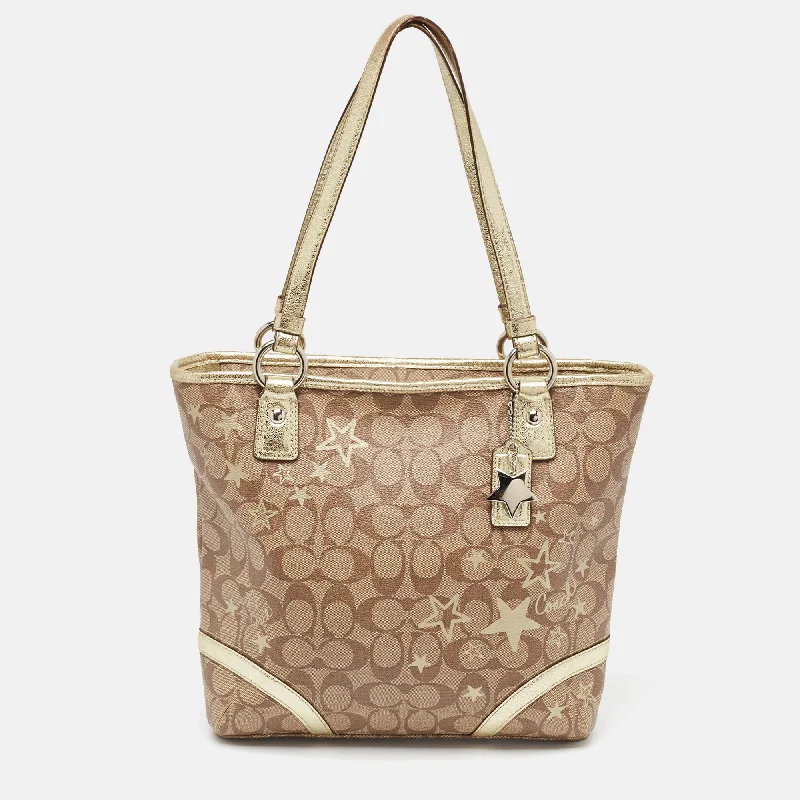 Ladies Coach crossbody bags with a wide - width strap for comfortBeige/Gold Signature Coated Canvas and Leather Heritage Star Tote