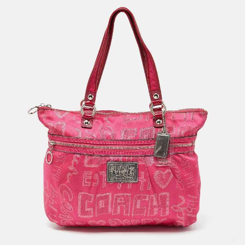 Coach tote bags with a printed Coach logo for brand visibilityPink Canvas and Patent Leather Poppy Glam Tote