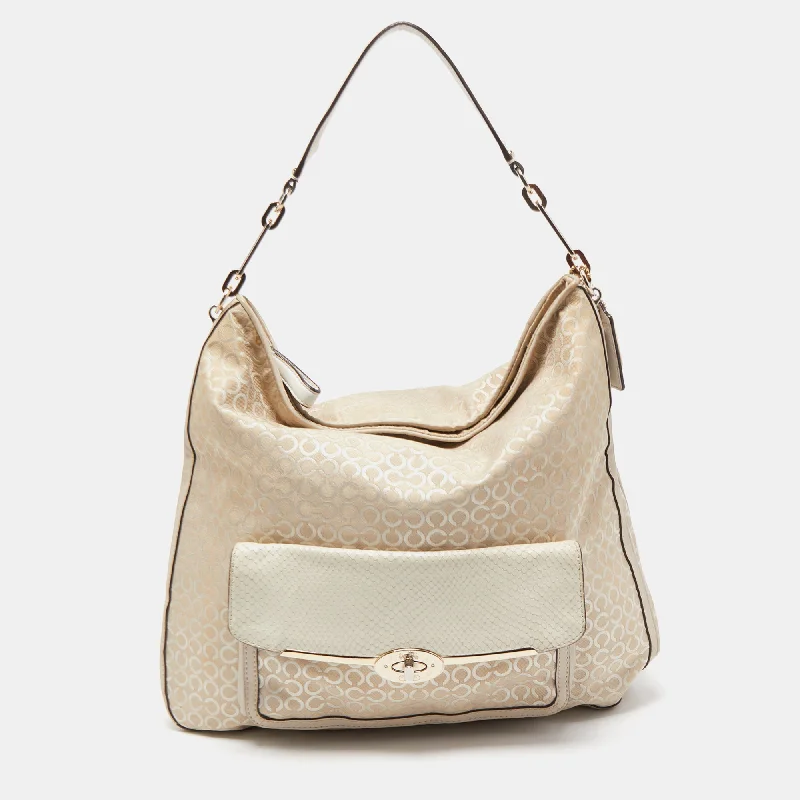 Coach bags with a zip - top closure and a front - pocket for quick accessCream Op Art Fabric and Leather Madison Hobo