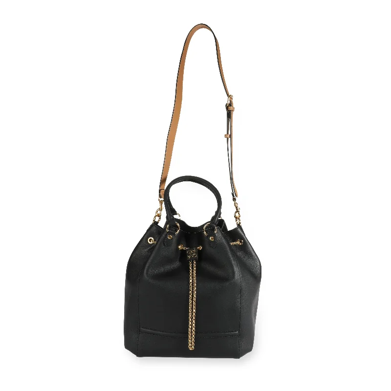 Fendi bags with a leather - bound notebook insert for jotting down notesFENDI Black Vitello Leather Karligraphy Chain Bucket Bag