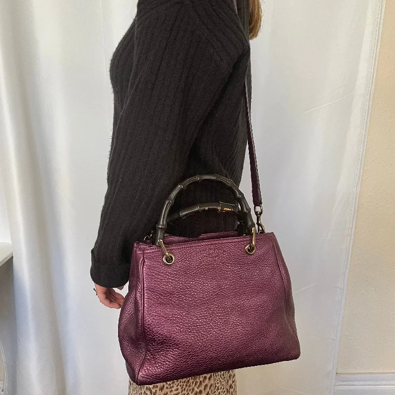 Women Gucci Sylvie bags with a detachable ribbon detailGucci Metallic Purple Medium Bamboo 2 Way Shopper