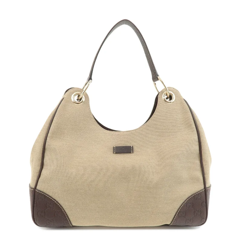 Gucci tote bags for women with a water - resistant coatingGUCCI Canvas Leather Shoulder Bag Beige Brown 257268