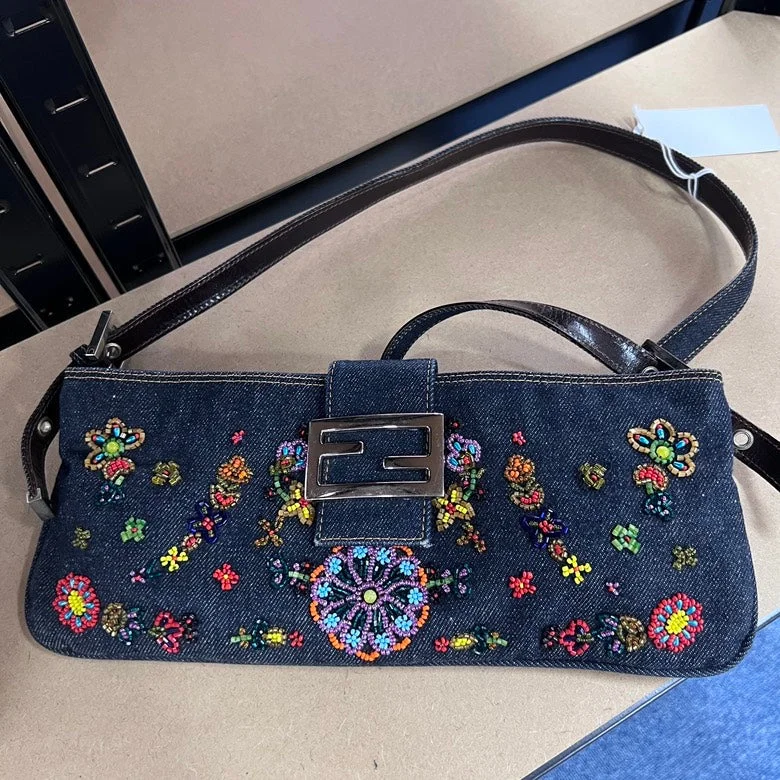 Fendi crossbody bags with a detachable ID holder for easy identificationFendi Embellished Blue Denim Canvas Rectangular Zip Pochette Silver