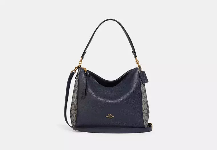 Ladies Coach Rogue bags with a star - shaped charm for a playful touchCoach Signature Jacquard Shay Leather Shoulder Bag Handbag Purse Navy Blue NEW