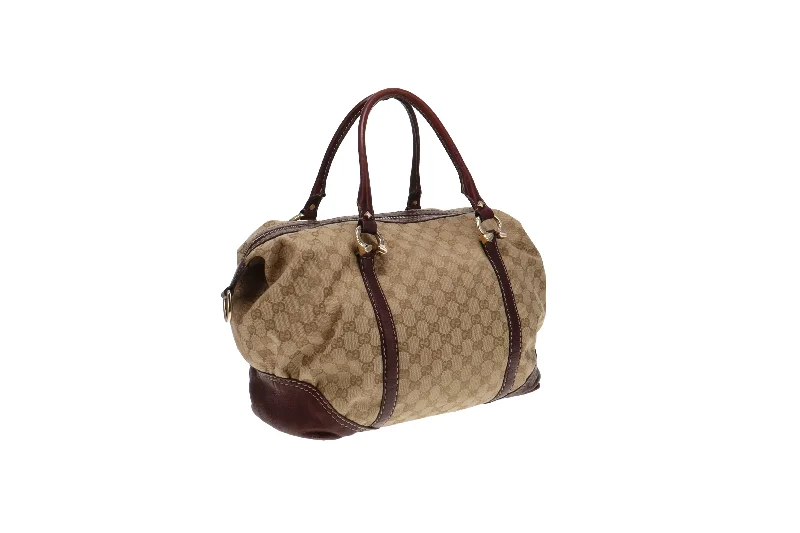 Women Gucci crossbody bags with a woven leather strapGucci GG Canvas and Burgundy Leather Horsebit Nail Boston Bag