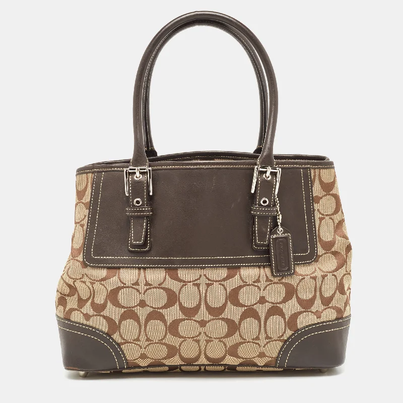 Coach Borough bags with a structured silhouette and a magnetic - snap closureDark Brown/Beige Signature Canvas and Leather Hampton Tote