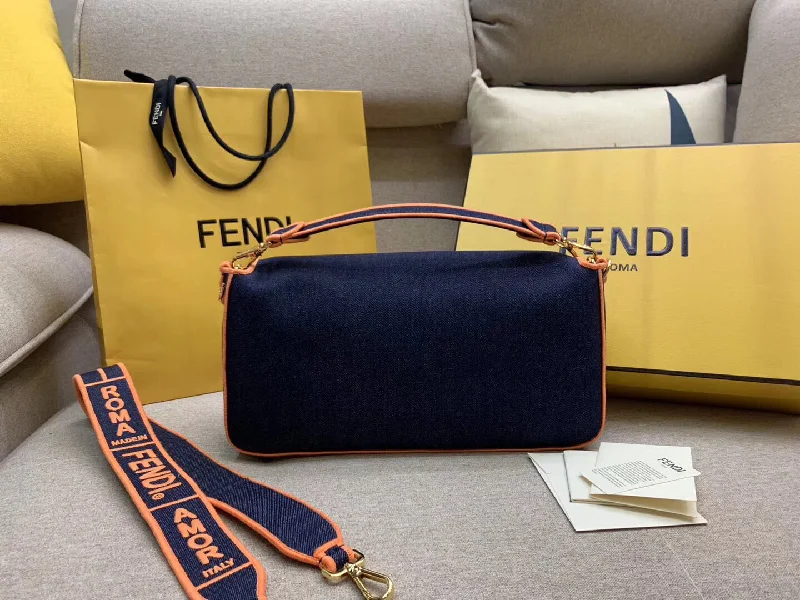 Ladies Fendi Peekaboo bags with a back - pocket organizer for better organizationFendi Large Baguette Bag In Blue Denim With Orange Trim