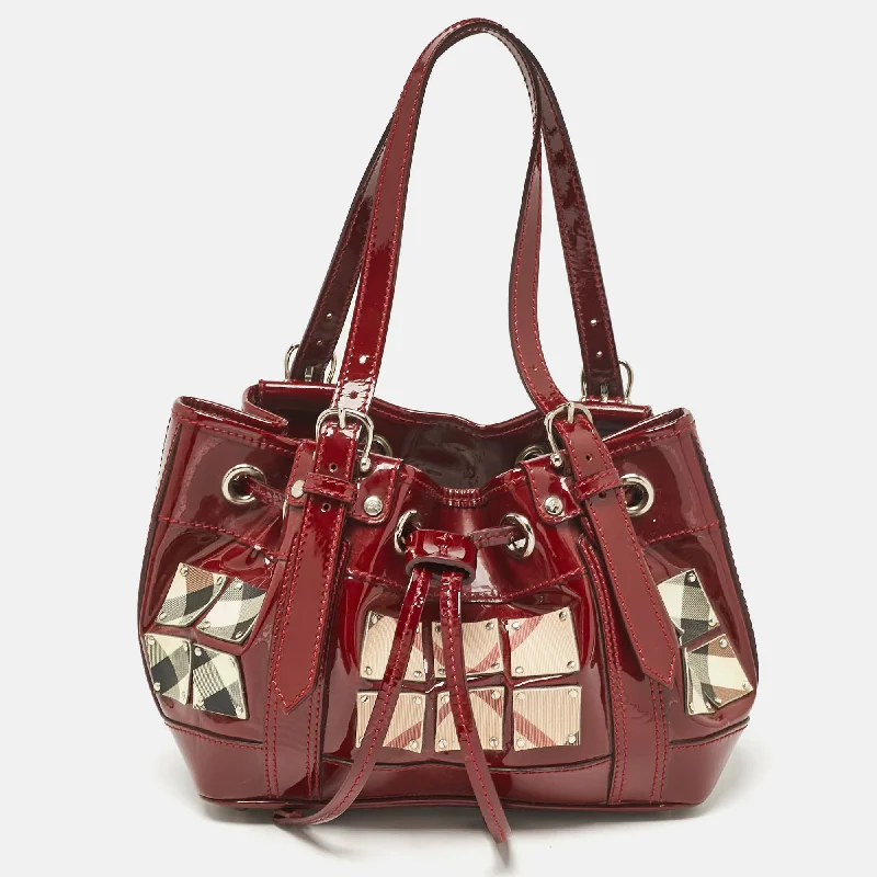 Statement - Making Oversized Burberry BagsRed Nova Check Patent Leather Warrior Drawstring Tote