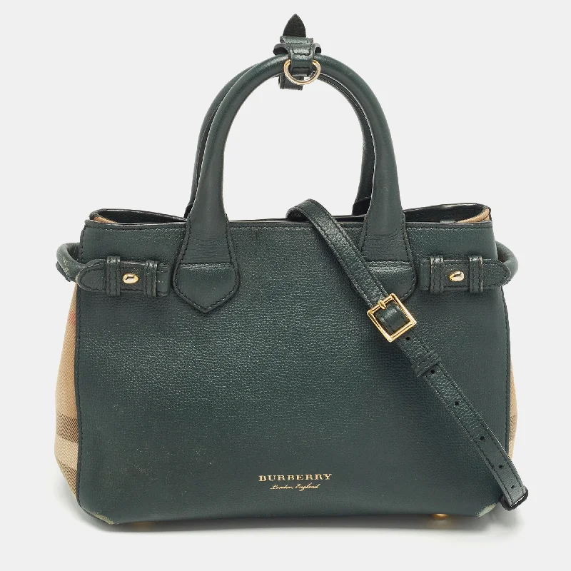 Sustainable and Ethical Burberry Bags for Conscious ConsumersGreen/Beige Leather and House Check Fabric Small Banner Tote