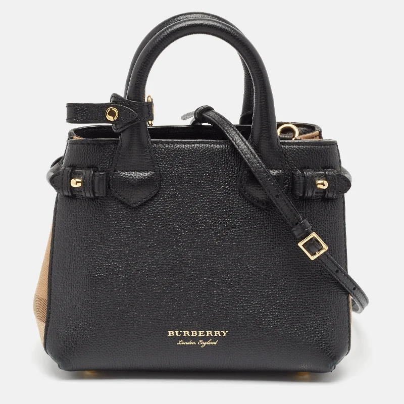 Dark - Hued Burberry Bags for a Sophisticated LookBlack/Beige House Check Fabric and Leather Mini Banner Tote