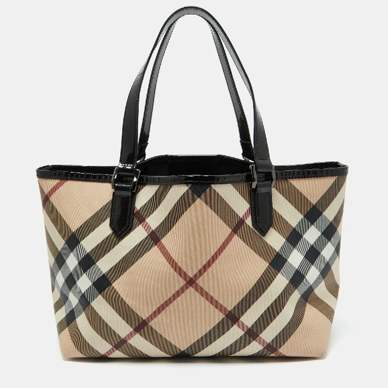 Miniature Burberry Crossbody Bags for Evening OutBeige/Black Supernova Check Coated Canvas and Patent Leather Nickie Tote