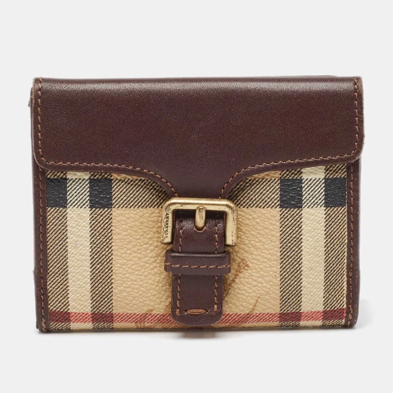 High - Capacity Burberry Duffle Bags for Long TripsBrown/Beige Haymarket Check Coated Canvas and Leather Buckle Flap Compact Wallet