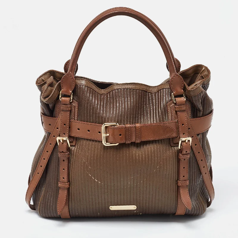 Water - Resistant Burberry Beach BagsTwo Tone Brown Leather Stitched Bridle Tote