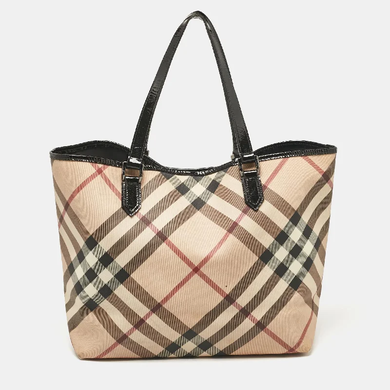 Elegant Burberry Clutch Bags for Formal EventsBlack/Beige Supernova Check Coated Canvas and Patent Leather Large Nickie Tote