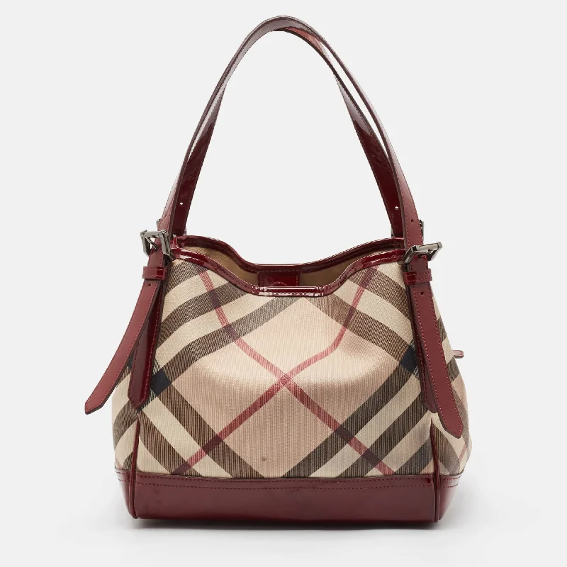 Seasonal Print Burberry Bags for Summer 2025Burgundy/Beige Nova Check PVC and Patent Leather Canterbury Tote