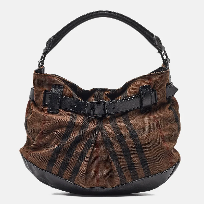 Trendy Burberry Hobo Bags for Casual WearBlack/Brown Housecheck Canvas and Leather Buckle Hobo