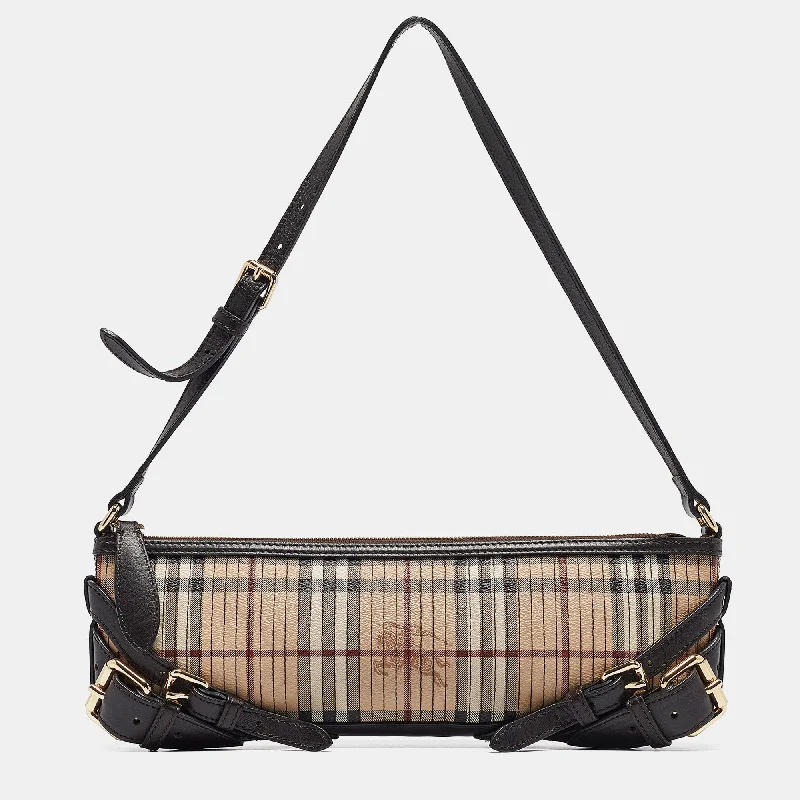 Sustainable Burberry Bags Made from Recycled MaterialsBrown/Beige Haymarket Coated Canvas and Leather Stipe Long Shoulder Bag