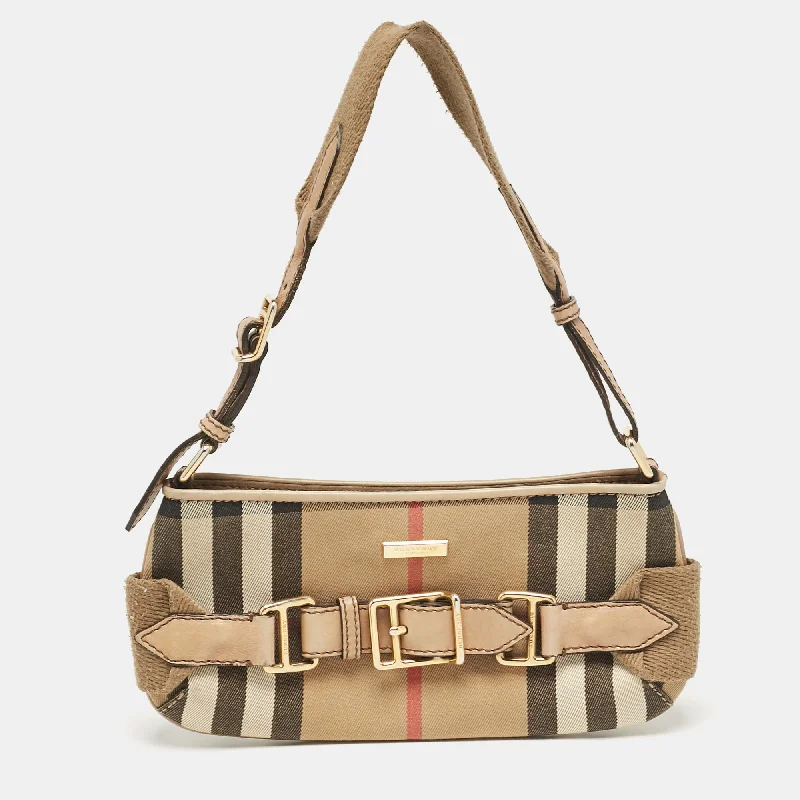 High - Quality Burberry Leather Shoulder BagsBeige House Check Fabric Baguette Bag