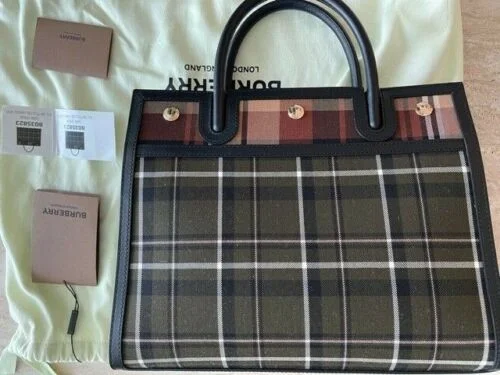 Sustainable and Ethical Burberry Bags for Conscious ConsumersBurberry Wool Tartan Two Handle Title Green Handbag Leather Italy Bag New