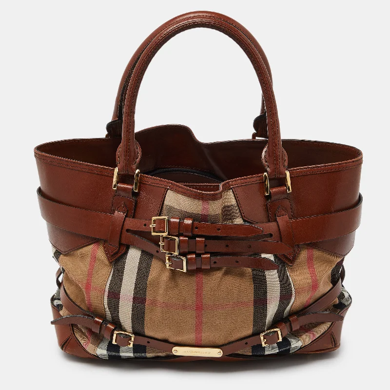 Lightweight Burberry Backpacks for TravelBeige/Brown House Check Canvas and Leather Medium Bridle Lynher Tote