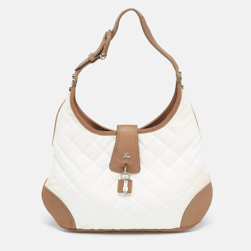 Burberry Bags with RFID Blocking TechnologyWhite/Brown Quilted Canvas and Leather Brooke Hobo