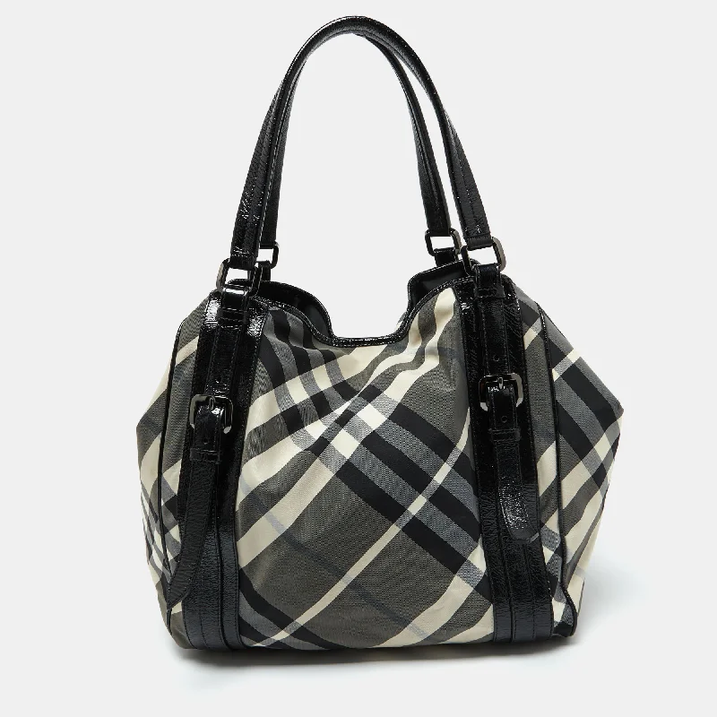 Functional Burberry Diaper Bags for New MomsBlack Beat Check Nylon and Patent Leather Large Victoria Tote