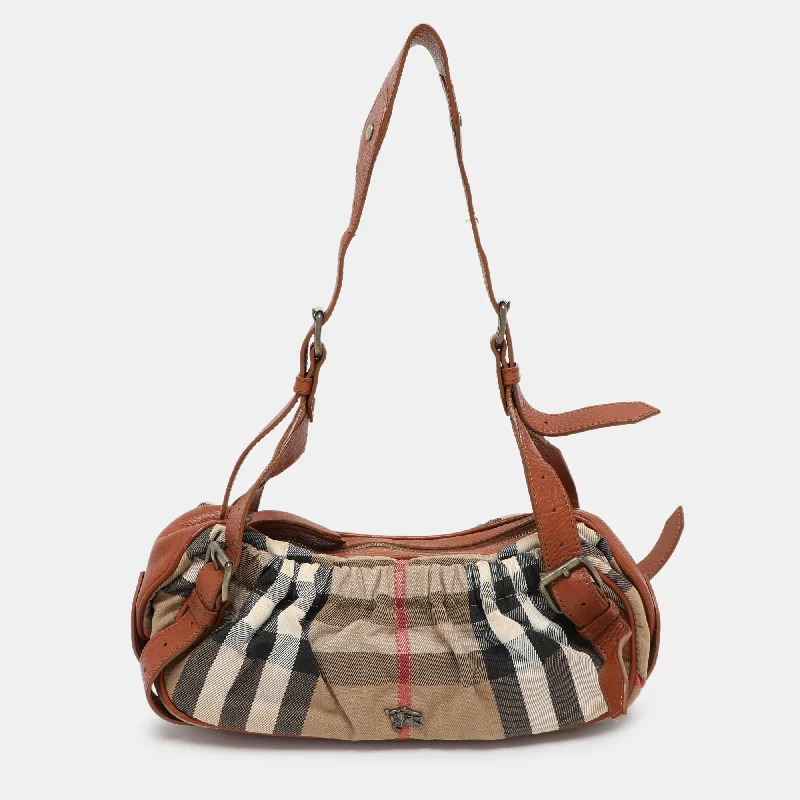 Embroidered Burberry Bags with Floral PatternsBrown/Beige House Check Canvas and Leather Satchel