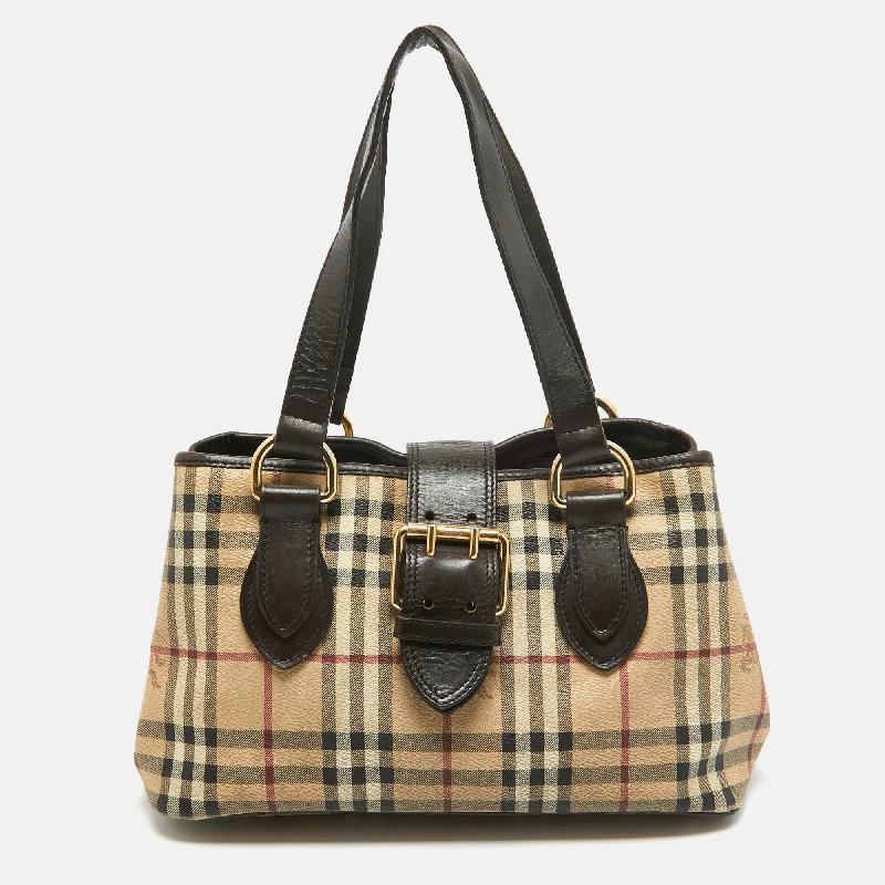 Designer Burberry Bags for Fashion EnthusiastsBeige/Brown Haymarket PVC and Leather Buckle Flap Tote