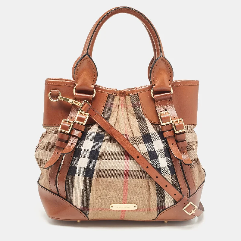 Trendy Burberry Hobo Bags for Casual WearBrown House Check Fabric and Leather Bridle Tote