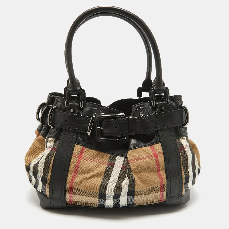 Compact and Portable Burberry Waist BagsBlack/Beige House Check Fabric and Leather Large Beaton Tote