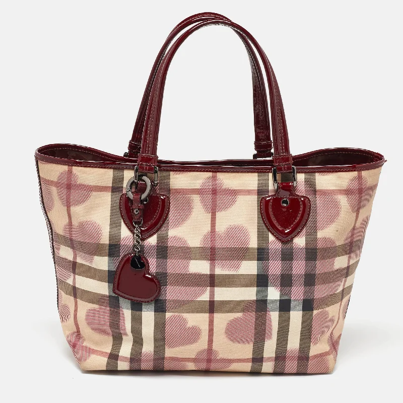 Light - Colored Burberry Bags for Spring and SummerBeige/Burgundy Heart Print Check PVC and Patent Leather Brit Tote