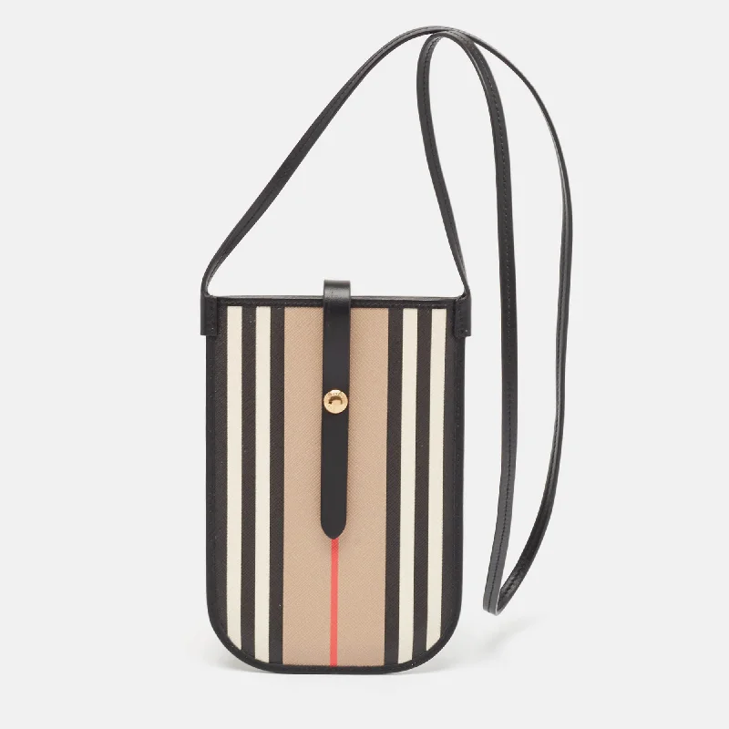 Sustainable and Ethical Burberry Bags for Conscious ConsumersBeige/Black Icon Stripe Coated Canvas and Leather Anne Phone Pouch with Strap