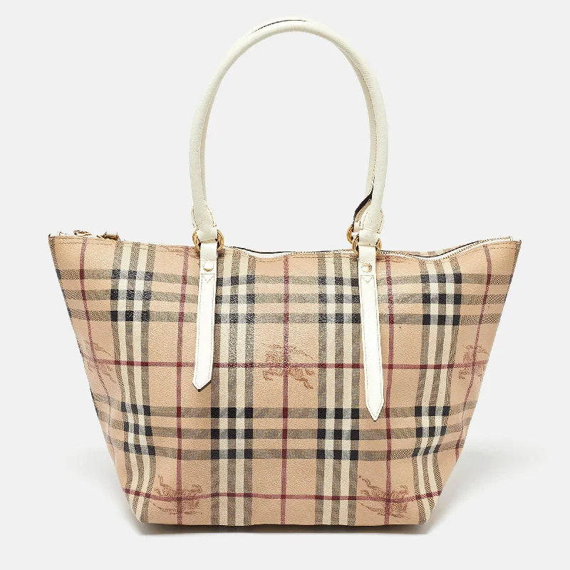 Designer Burberry Bags for Fashion EnthusiastsBeige/White Haymarket Check Coated Canvas and Patent Leather Salisbury Tote