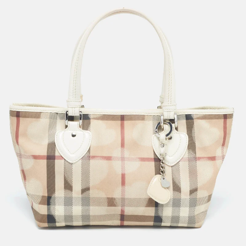 Burberry Bags with Zipper Compartments for SecurityWhite/Beige House Check PVC and Patent Leather Heart Tote