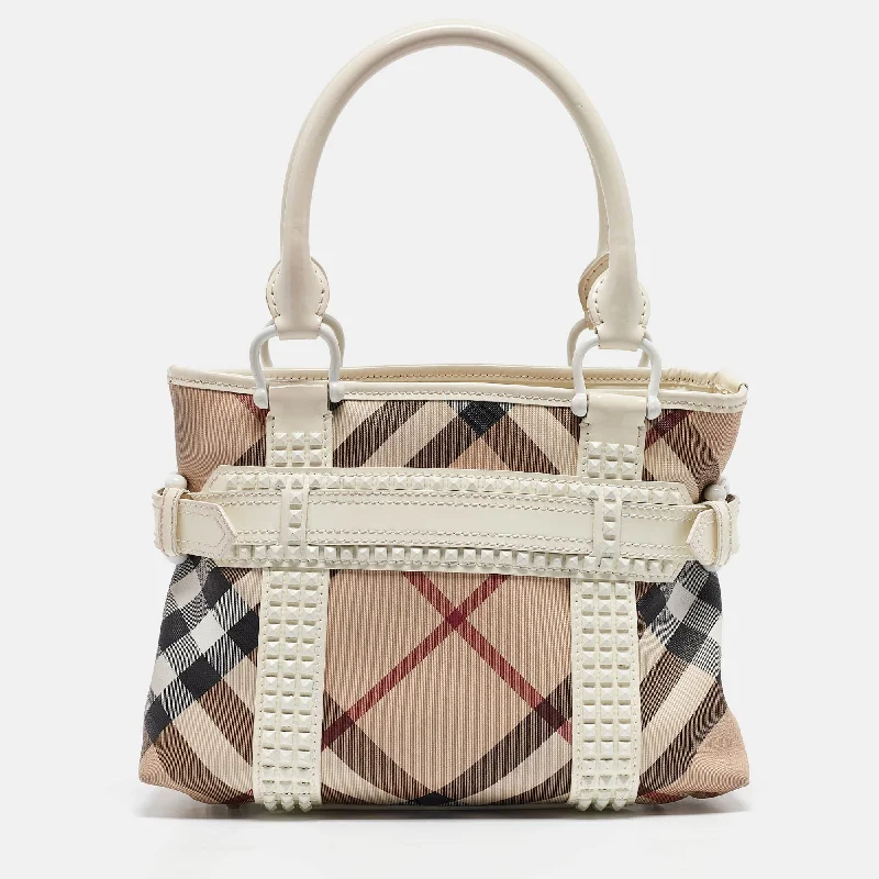 Stylish Burberry Tote Bags for Office UseWhite/Beige Super Nova Check Vinyl Small Studded Rachel Tote