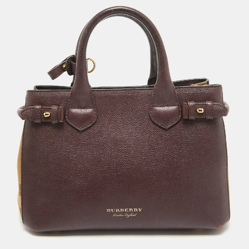 Breathable Burberry Gym Bags for WorkoutsBurgundy Leather and House Check Fabric Small Banner Tote