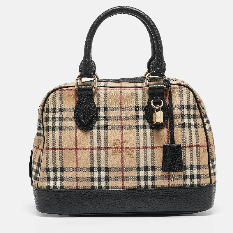 High - Quality Burberry Leather Shoulder BagsBeige/Brown Haymarket Coated Canvas and Leather Dome Satchel