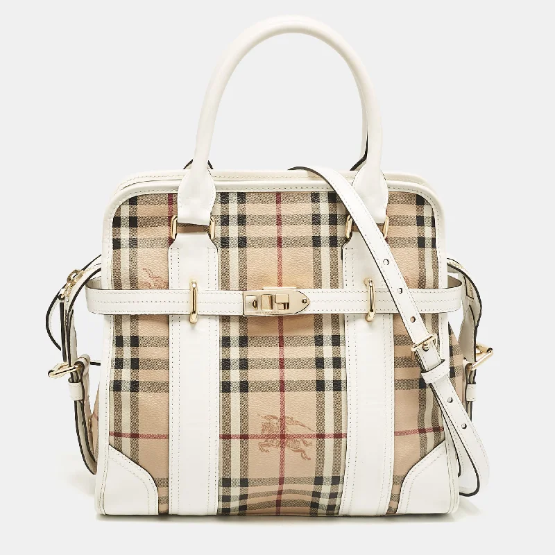 Breathable Burberry Gym Bags for WorkoutsWhite/Beige Haymarket PVC and Leather PVC Minford Satchel