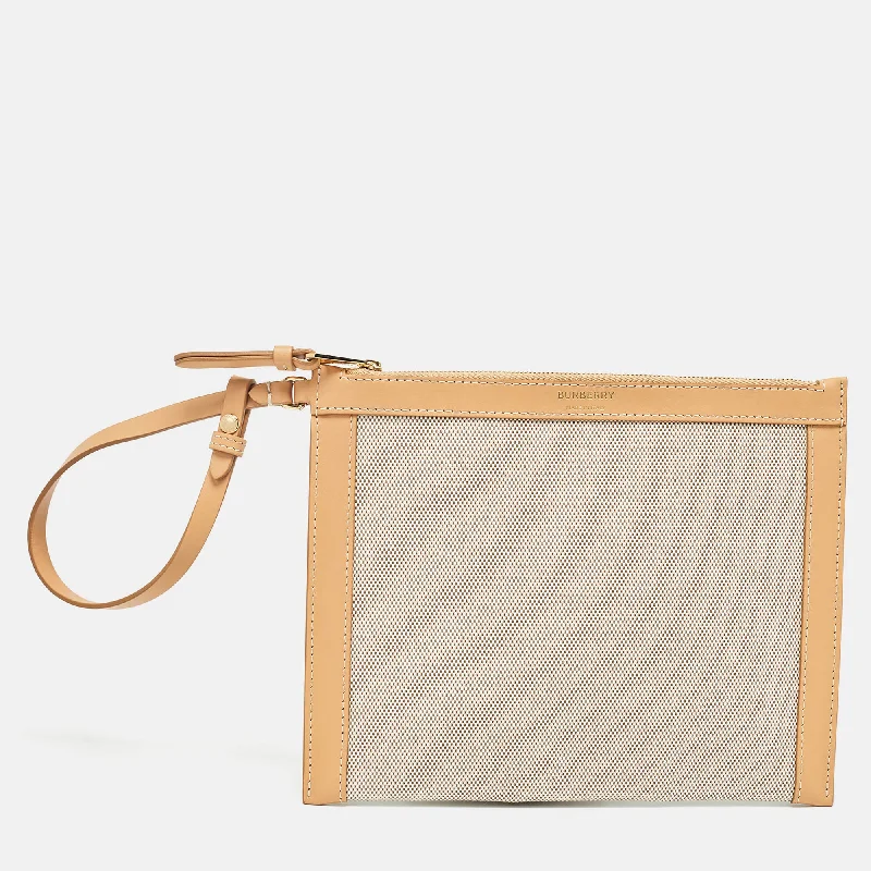 Travel - Approved Burberry Carry - on BagsBeige/Tan Canvas and Leather Wristlet Pouch