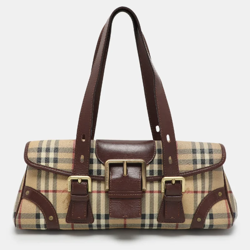 Child - Sized Burberry Bags for Little FashionistasBrown/Beige Haymarket Check Coated Canvas and Leather Buckle Flap Satchel